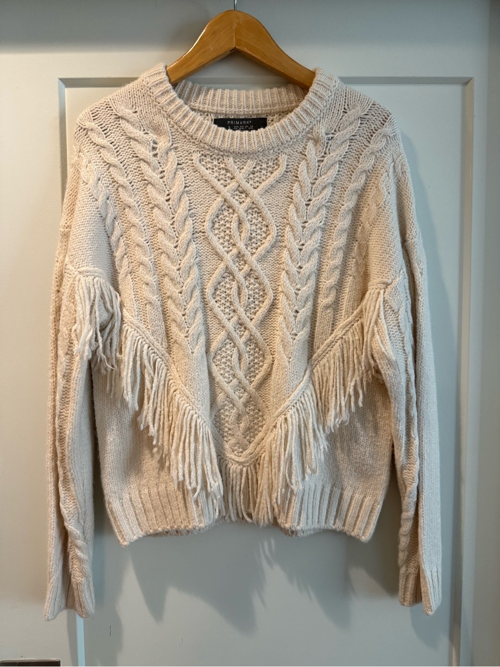 Primark Cream Cable Knit Fringe Crewneck Sweater